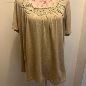 Jane Ashley Tan Lace Accent Short Sleeve Top